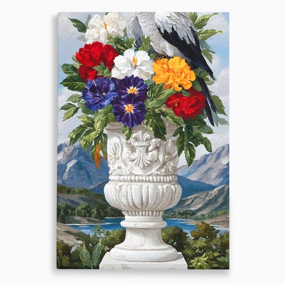 Tablou canvas cu tablou canvas cu papagal si vaza cu flori, fara rama, pe sasiu de lemn